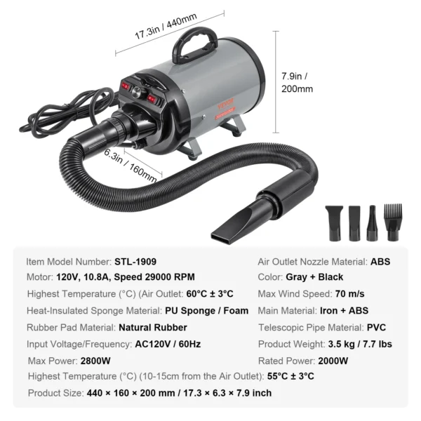 2000W/2.7HP Dog Blow Dryer Adjustable Speed